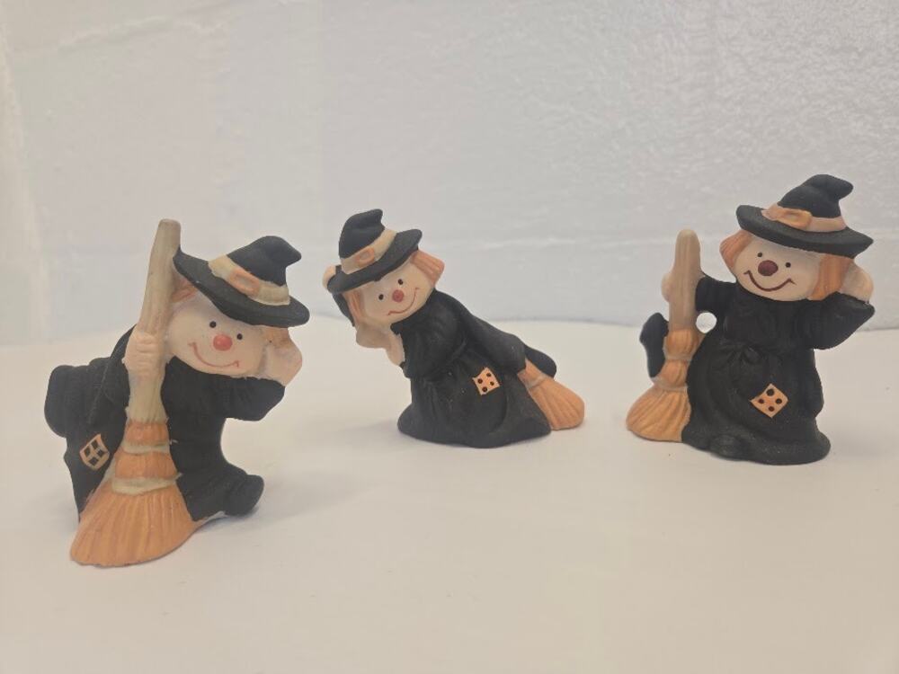 Vintage Halloween Witch Figurines 3 Piece Set Brooms Original Box Decor